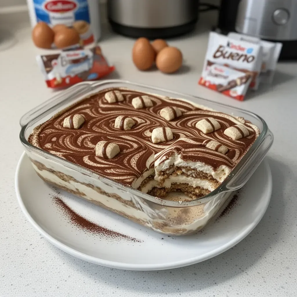 Tiramisu Kinder Bueno con capas de crema y chocolate