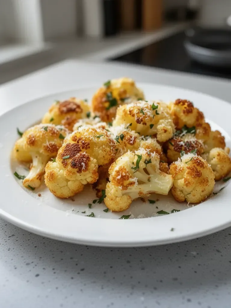 Trozos de coliflor dorados al horno con queso crujiente