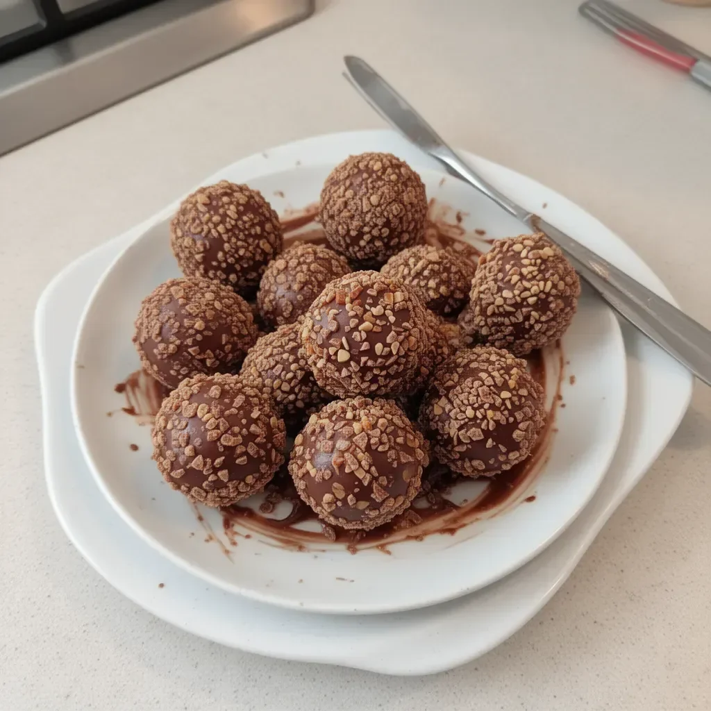 Deliciosas trufas de Nutella decoradas con chocolate y nueces.