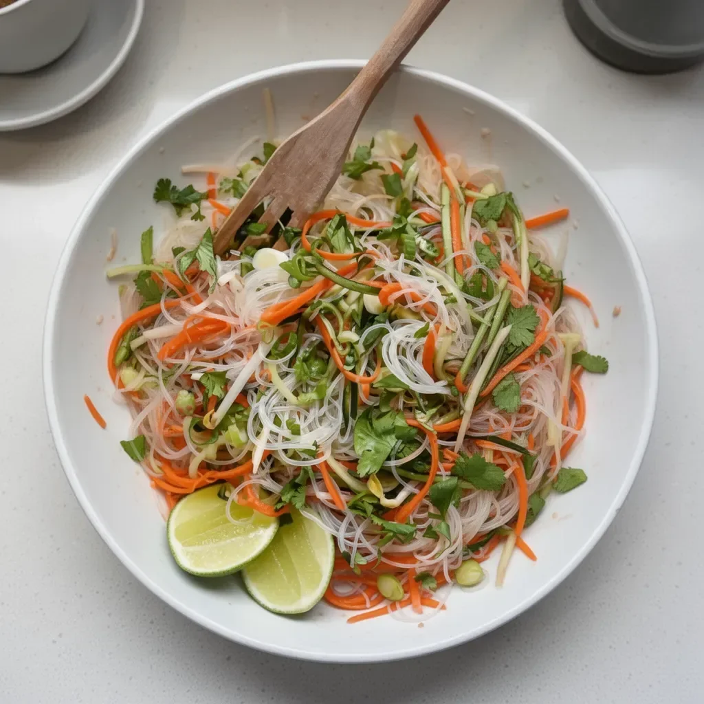 Ensalada de fideos vietnamita fresca y fácil con ingredientes coloridos.
